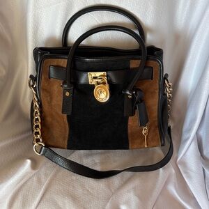 Michael Kors Black and Tan Satchel with Gold Accents